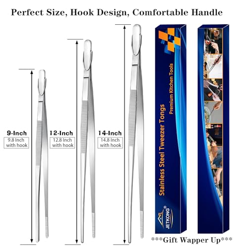 JETKONG Extra Long Kitchen Tweezers Heavy Duty Stainless Steel Cooking Tweezers, Set of 3 (9 12 14 Inch, Silver)
