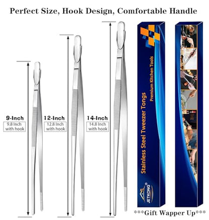 JETKONG Extra Long Kitchen Tweezers Heavy Duty Stainless Steel Cooking Tweezers, Set of 3 (9 12 14 Inch, Silver)