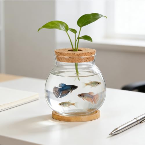 ibasenice Betta Fish Tank with Lid and Cushion Hydroponic Glass Aquarium for Desktop for Betta Fish and Aquatic Plants Terrarium with Base