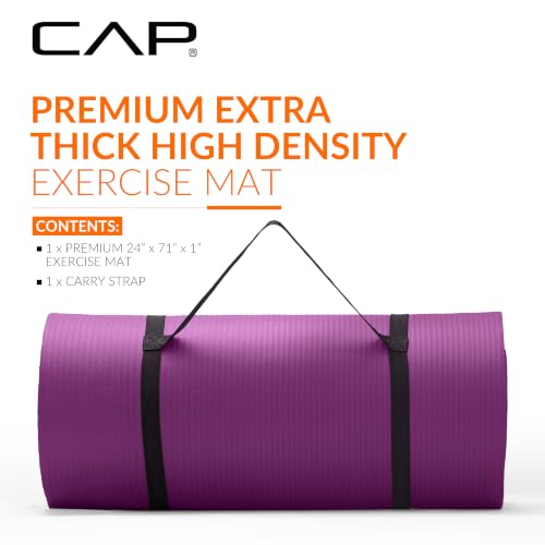 CAP 1" Extra Thick Yoga Mat, Exercise Mat with Strap, Multiple Colors - color: Wine