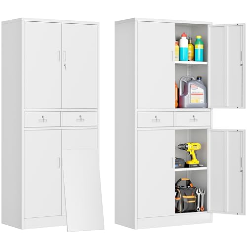 71" H Tall Metal Storage Cabinet with 2 Drawers, Metal Garage Storage Cabinet with Lock and 2 Adjustable Shelves for Home, Office, Garage, Warehouse Organize, White - color: White, size: 71" H-2 Drawers