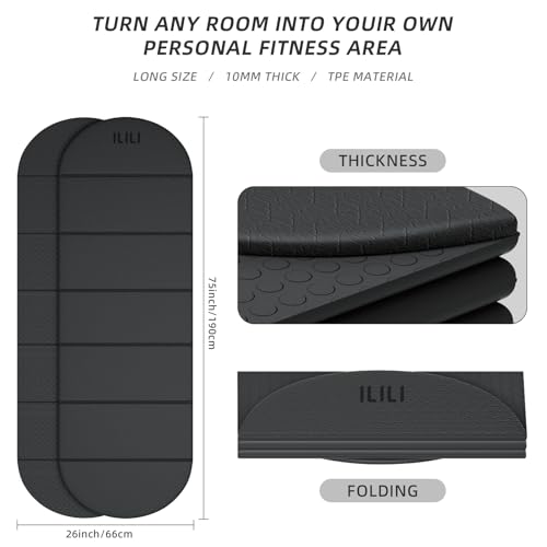 ILILI Foldable Yoga Mat, 10mm Thick, 75x26 Inch Extra Long, Exercise Mat - color: Carbon Black