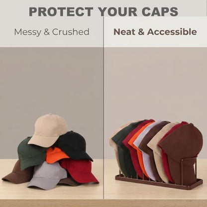 Hat Organizer for Baseball Caps - 2 Pack Hat Stand Holds 20 Caps | Heavy Duyt Hat Rack, Space Saving Hat Holder, No Assembly Required for Tabletop, Closet, Wardrobe, Preserves Hat Shape Brown - color: Brown 2 Pack