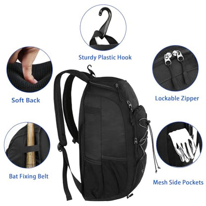 MATEIN Youth Baseball Backpack, Softball Bat Bag with Shoes Compartment | Lightweight Baseball Bag for Boys and Adult, Fence Hook Hold TBall Bat, Batting Mitten, Helmet, Caps, Teeball Gear Equipment - color: Black, size: 47L