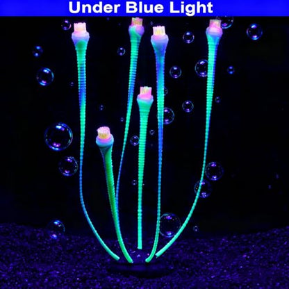 Aquarium Coral Plant Ornaments with Glowing Effect, Silicone UV Reactive Fish Tank Decorations, Soft Artificial Aquarium Plants Safe for Freshwater & Saltwater Fish Tank (Green)