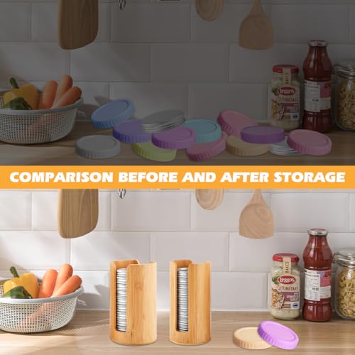 2 Pack Mason Jar Lid Organizer, Bamboo Vertical Storage Holder for Home Kitchen Organization & Tumbler Lids, Wooden Storage Accessories for Mason/Canning/Bamboo Lids(Wide & Regular Mouth)