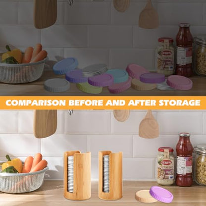 2 Pack Mason Jar Lid Organizer, Bamboo Vertical Storage Holder for Home Kitchen Organization & Tumbler Lids, Wooden Storage Accessories for Mason/Canning/Bamboo Lids(Wide & Regular Mouth)