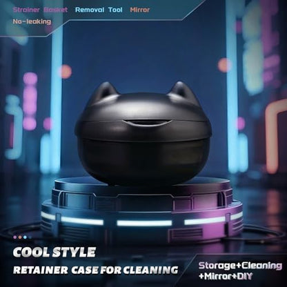 Retainer Case Denture Bath Case Basket Mirror Leak-proof Black Cat - color: Black Cat