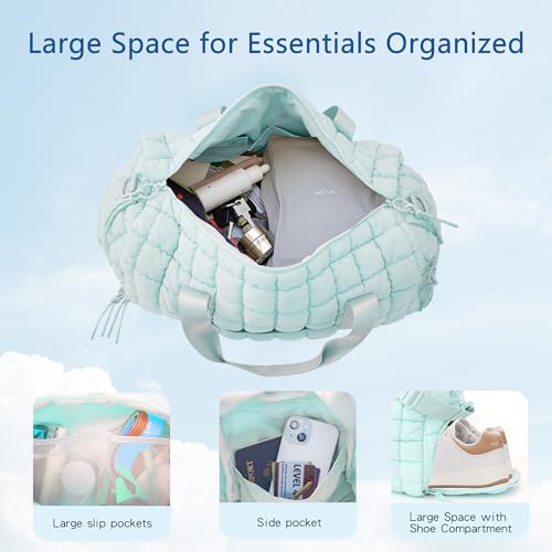 Quilted Gym Bag for Women,Duffle Bag for Travel with Wet Pocket,Carry on Weekender Bags for Women,Travel Bag with Shoe Compartment (Ice blue) - color: Ice blue