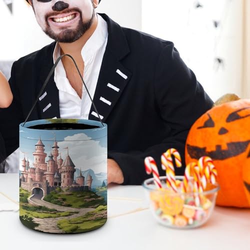 Halloween Trick Or Treat Bags With Handles Collapsible Candy Bucket Reusable Fairy Tale Castle Printed Goody Bucket For Holiday Party Gifts - color: Fairy Tale Castle