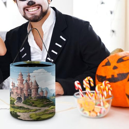 Halloween Trick Or Treat Bags With Handles Collapsible Candy Bucket Reusable Fairy Tale Castle Printed Goody Bucket For Holiday Party Gifts - color: Fairy Tale Castle
