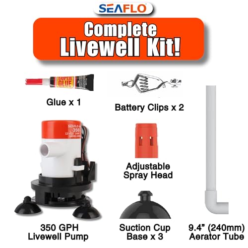 SEAFLO 09 Series Portable Livewell Aeration Pump Kit - 12V, 350 GPH, Submersible, Adjustable Spray Head, Quiet Operation, Corrosion-Resistant, Fresh/Saltwater Use, CE & RoHS Certified, 4-Year Warranty