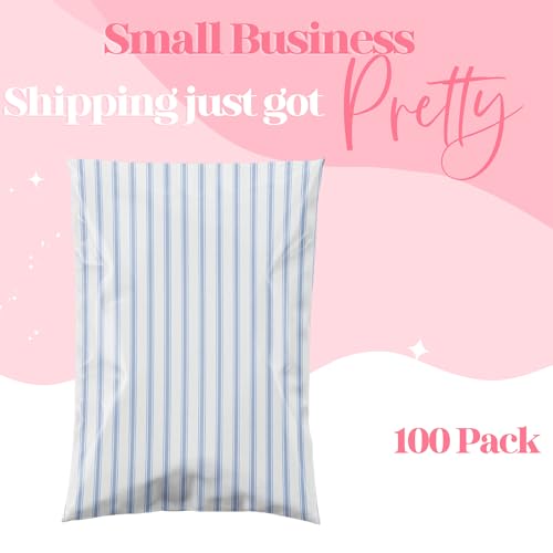 14.5x19 Designer Poly Mailer 100 Pack Heavy Duty Waterproof Self Seal Shipping Bags for Small Business Large Mailing Envelopes Bulk Tear Resistant Packaging Blue Stripe - color: Blue Stripes, size: 14.5x19