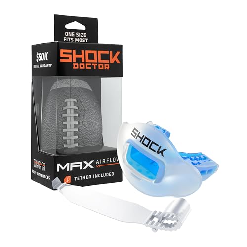 Shock Doctor Lip Guard, Adult and Youth Mouth Guard Football with Strap, Breathable Wide Opening Football Mouthpiece for Youth and Adults OSFA, Shock Doctor Mouth Guards, Max Airflow - color: Trens Blue/ Clear