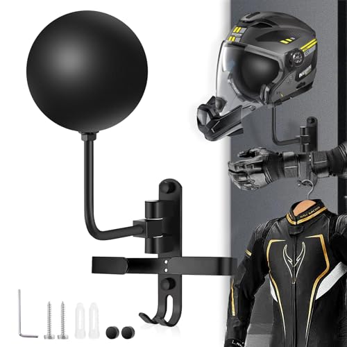 Kikerike Motorcycle Helmet Rack Wall Mount 180 Degree Rotation Metal Bike Helmet Holder Mount Bicycle Helmet Display Hanger Stand with 2 Hooks for Motorcycle Bike Baseball Rugby Helmet - 1 Pack - color: Black(1PCS with Gloves Holder)