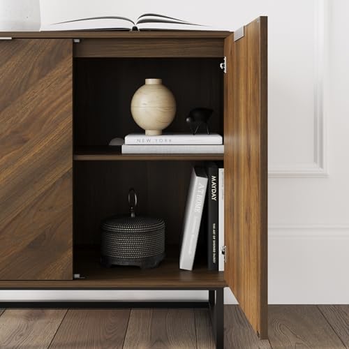 Nathan James Enloe Modern Sideboard Buffet Storage Accent Cabinet with Doors in a Rustic Walnut Finish and Black Matte Metal Base for Hallway, Entryway, Kitchen or Living Room, Walnut/Black