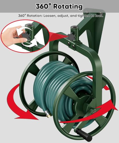 Rotating 360° Garden Hose Reel, Wall Mounted Hose Reel Holder Holds 165ft of 5/8'' Hose, Outdoor Heavy Duty Metal Water Hose Organizer Storage Rack with 3.9ft Leader Hose for Outside, Green