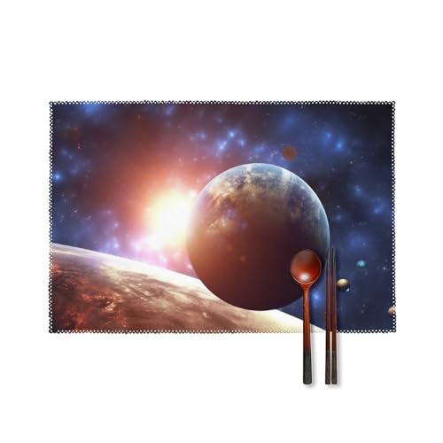 Placemat Set of 4 Washable Place Mats Heat Resistant Planets in Space Background Table Mats for Kitchen Non-Slip Placemats Wipeable Desktop Protection Mat for Dining Table - color: Planets in Space Background