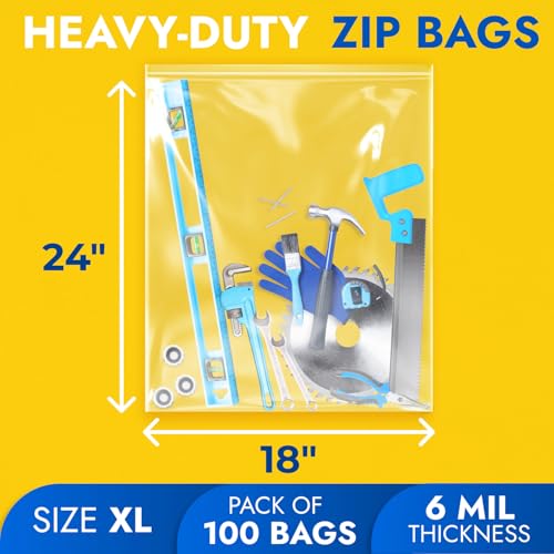 18" x 24" Reclosable Plastic Zip Bags, Pack of 100, 6 Mil Heavy-Duty Clear Poly Bags, Resealable for Food, Clothes, Hardware, Jewelry - size: 18"W x 24"H