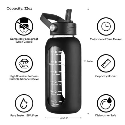 CIVAGO 32 oz Glass Water Bottle with Detachable Straw and Time Maker - color: .Navy Blue, size: 32 Ounces
