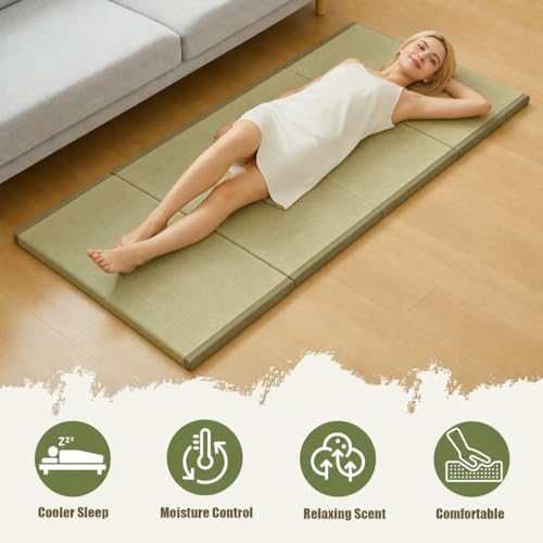 HAGiHARA Japanese Tatami Mat, Folding Rush Grass Floor Mattress | Breathable Igusa Rush Grass Tatami with Foldable Design for Floor Comfort - size: Twin XXL