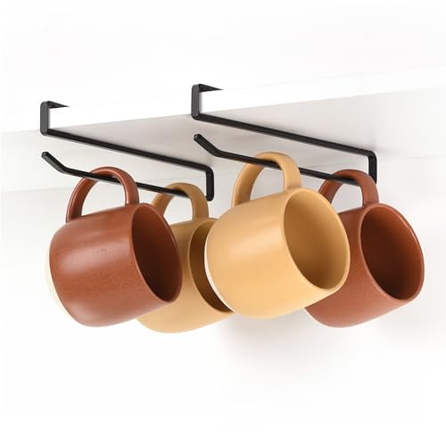 Coffee Mug Hanger for Cabinet, Clip-On Shelf, for Cups, Utensil, Tumbler Lid, Screwless Install (Pack of 2), Fits Shelves up to 3/4"