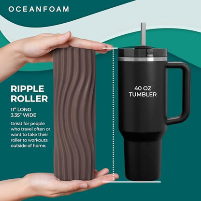 Oceanfoam Ripple Travel Foam Roller (11" x 3.35") Firm Mini Foam Roller for Physical Therapy, Deep Tissue Massage, Back Pain - High Density, Ergonomic Wave Textured - Yoga, Exercise (Espresso) - color: Espresso