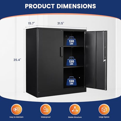 Metal Garage Storage Cabinet with 2 Doors and 2 Adjustable Shelves - 35.5" Steel Lockable File Counter Cabinet for Home Office,Garage,Gym,School（Black）