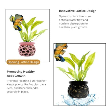 Aquarium Plant Pot Holders, 2 Plant Pot Holders, Securely Hold Aquatic Plants, Promoting Healthy Root Growth, Fish Tank Aesthetic, Black & Pink, 2.7" D x 2" H (Pack of 2)
