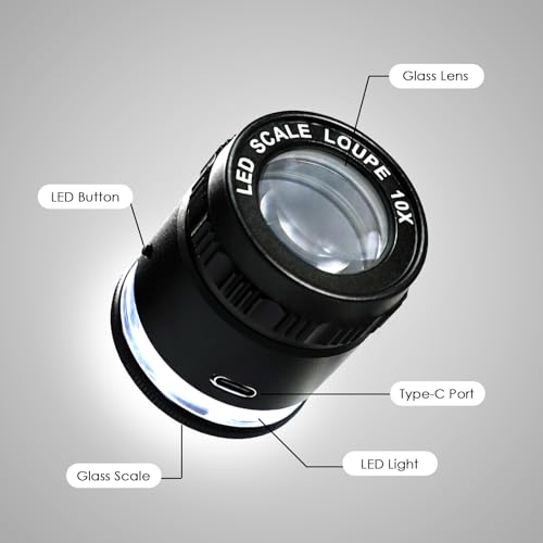10X Jewelry Loupe with 5 LED & 5 UV Lights, Rechargeable Handheld Magnifier, Adjustable Focus K9 Optical Glass Lens for Coins, Stamps, Diamonds, and Professional Precision Inspection