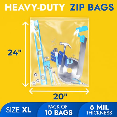 20" x 24" Reclosable Plastic Zip Bags, Pack of 10, 6 Mil Heavy-Duty Clear Poly Bags, Resealable for Food, Clothes, Hardware, Jewelry - size: 20"W x 24"H