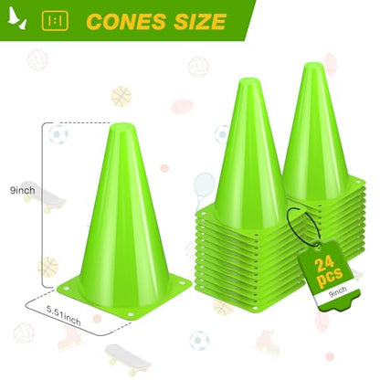 24pcs Cones 9 Inch Soccer Cones and Plastic Traffic Cones, Durable Cones for Sports Training, Ideal for Soccer, Basketball, Football, Skating, and Agility Drills Practice - color: green