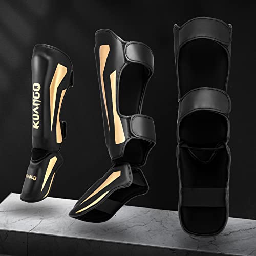 Muay Thai Shin Guards for MMA Sparring, Martial Arts,Kickboxing | Leg Instep Protection Pads, Kickboxing MMA Training, Sparring Gear, Professional MMA Equipment - color: Black-Gold, size: Medium