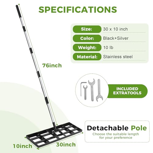 Lawn Leveling Rake, 30"x10" Stainless Steel Lawn Leveler with 76" Adjustable Handle, Heavy-Duty Yard Leveling Rake for Garden, Golf Course, Farm, Pasture, Professional Lawn Care Tool - style: 30"x10" Leveling Rake