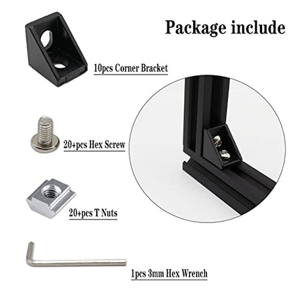 10pcs Black 2020 Series 1720 Aluminum Profile Corner Bracket with 20pcs M5 T Nuts +20pcs M5 Screws + 1pcs Wrench for Slot 6mm 20S Aluminum Rail Accessories (10PCS 1720 Corner Bracket) - style: 10PCS 1720 Corner Bracket black