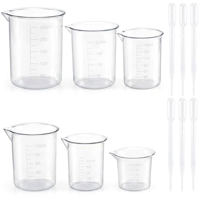 Plastic Beaker Set, 6 Sizes Low Form Measuring Graduated Polypropylene Beakers - 25ml, 50ml, 100ml, 150ml, 200ml, 250ml for Science Lab Classrooms Home with 6 Plastic Droppers in 3 ml