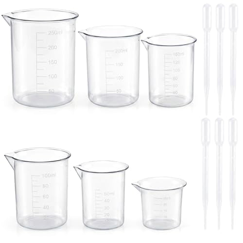 Plastic Beaker Set, 6 Sizes Low Form Measuring Graduated Polypropylene Beakers - 25ml, 50ml, 100ml, 150ml, 200ml, 250ml for Science Lab Classrooms Home with 6 Plastic Droppers in 3 ml