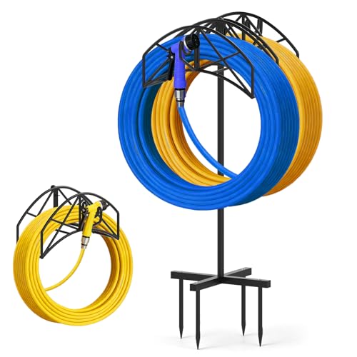 Garden Hose Holder Heavy Duty Water Hose Holder Holds 160 FT * 2 Hoses 4 Spikes Hose Reel Freestanding Hose Hanger Sturdy Hose Storage Stand with 90°Rotatable Hook for Outside Yard Lawn