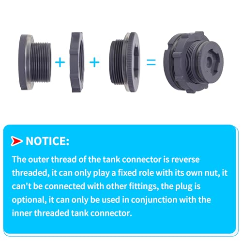 ChillWaves PVC Bulkhead Fitting 1-1/2" Double Thread Connector Adapter with Plugs for Water Tank, Aquariums, Rain barrels(2-PACK)