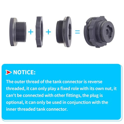 ChillWaves PVC Bulkhead Fitting 1-1/2" Double Thread Connector Adapter with Plugs for Water Tank, Aquariums, Rain barrels(2-PACK)
