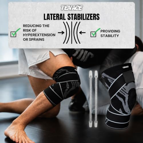 Tenace BJJ Knee Brace – Compression Knee Pad with Side Stabilizers & Gel Pad for Grappling, Jiu Jitsu, MMA, Wrestling, Judo & Muay Thai (1, Black, XX-Large) - color: Black, size: XX-Large