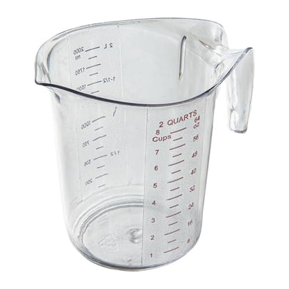 Restaurantware RW Base 2 Quart Measuring Jar 1 Durable Measuring Beaker - Metric And Imperial Units V-Shaped Spout Clear Plastic Measuring Cup Handle With Thumb-Grip Tolerates Up To 248F - color: Clear, size: 7.75" × 6.00" × 7.50"