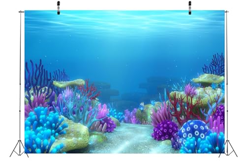 BELECO 10x6.5ft Fabric Under The Sea Backdrop Blue Ocean Underwater World Coral Reef Aquarium Background Undersea Party Decors Birthday Shoot Portrait Photoshoot Studio Booth Props