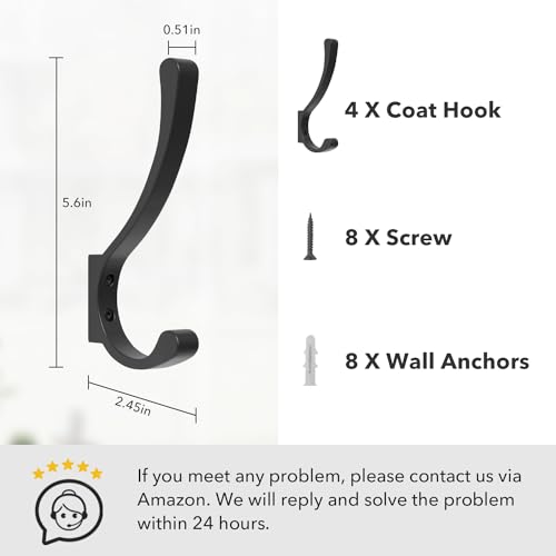 Coat Hooks Wall Mounted, Heavy Duty Hooks Hanging Towel, Black 4 Pack,Metal - size: 4 Pack