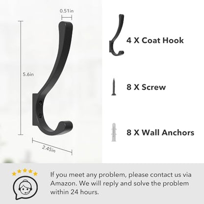 Coat Hooks Wall Mounted, Heavy Duty Hooks Hanging Towel, Black 4 Pack,Metal - size: 4 Pack