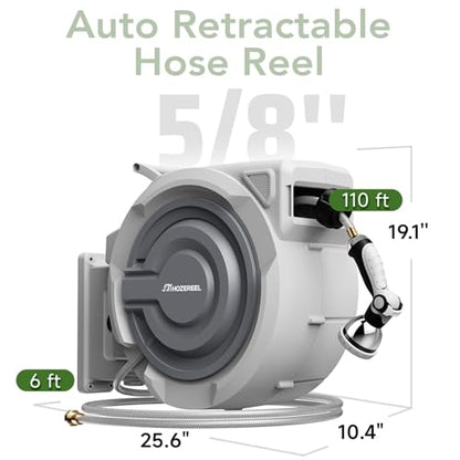 5/8" x 110 FT Retractable Garden Hose Reel by HOZEREEL, UV Resistant Hose Reels - Automatic Slow Self Retract Wall Mount Hose Reel Enclosed Storage, Any Length Lock 180° Swivel, 10 Pattern Nozzle