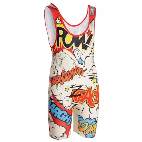 KO Sports Gear Adult Wrestling Singlets, Funny & Holiday Designs, XS-3XL - color: Glow in the Dark Comic Book, size: 3X-Large