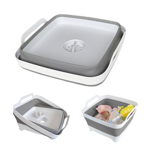 Collapsible Wash Basin with Drain Plug - 2.4 Gallon Foldable Kitchen Sink for Baby Bottles, RV Camping, Space-Saving Dish Tub (Gray) - color: Gray