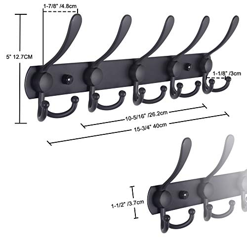 Dseap Coat Rack Wall Mounted - 5 Tri Hooks, Heavy Duty, Stainless Steel, Metal Coat Hook Rail for Coat Hat Towel Purse Robes Mudroom Bathroom Entryway,Black - color: Black, size: L=16" (1 Pcs)