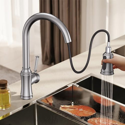 Kitchen Faucet with Pull Down Sprayer, Single Handle High Arc Utility Sink Faucet with Deck Suitable for bar for Kitchen Sink, Laundry Sink, Wet Bar or RV, Brushed Nickel